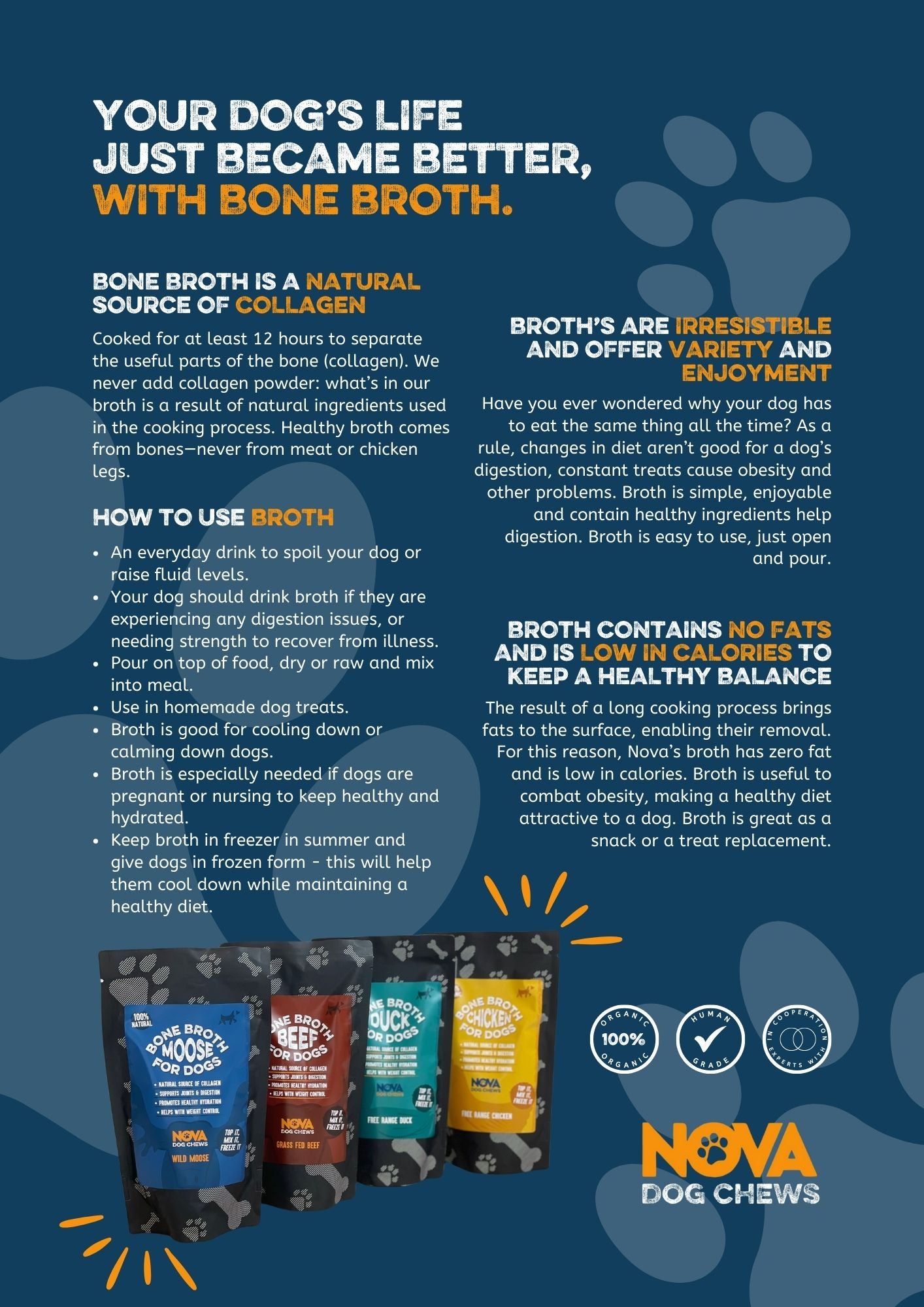 Organic Bone Broth for Dogs -beef, moose, duck and chicken. Collagen rich.